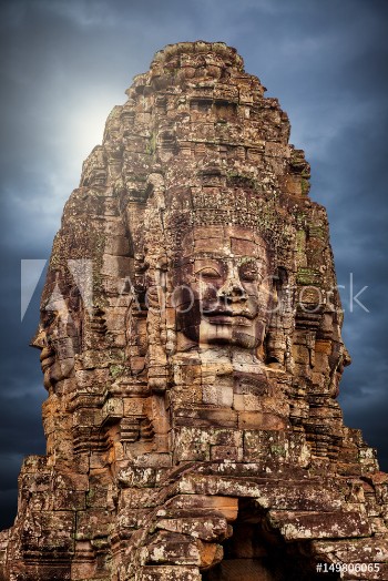 Picture of Stone faces of the famous Bayon temple in Angkor Thom complex Siem Reap Cambodia